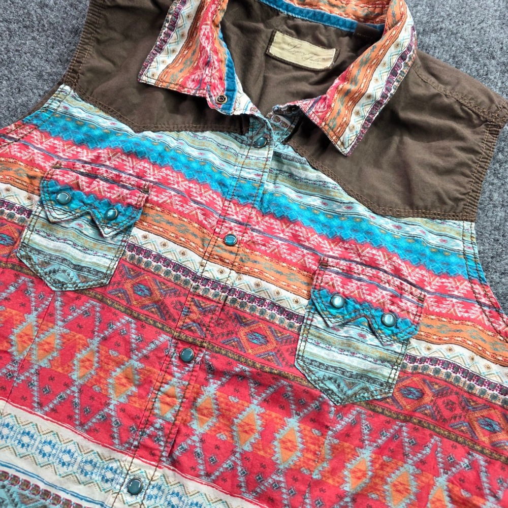 Legacy Falls Western Shirt Sleeveless Southwestern Pearl Snap Top L Garnet Multi